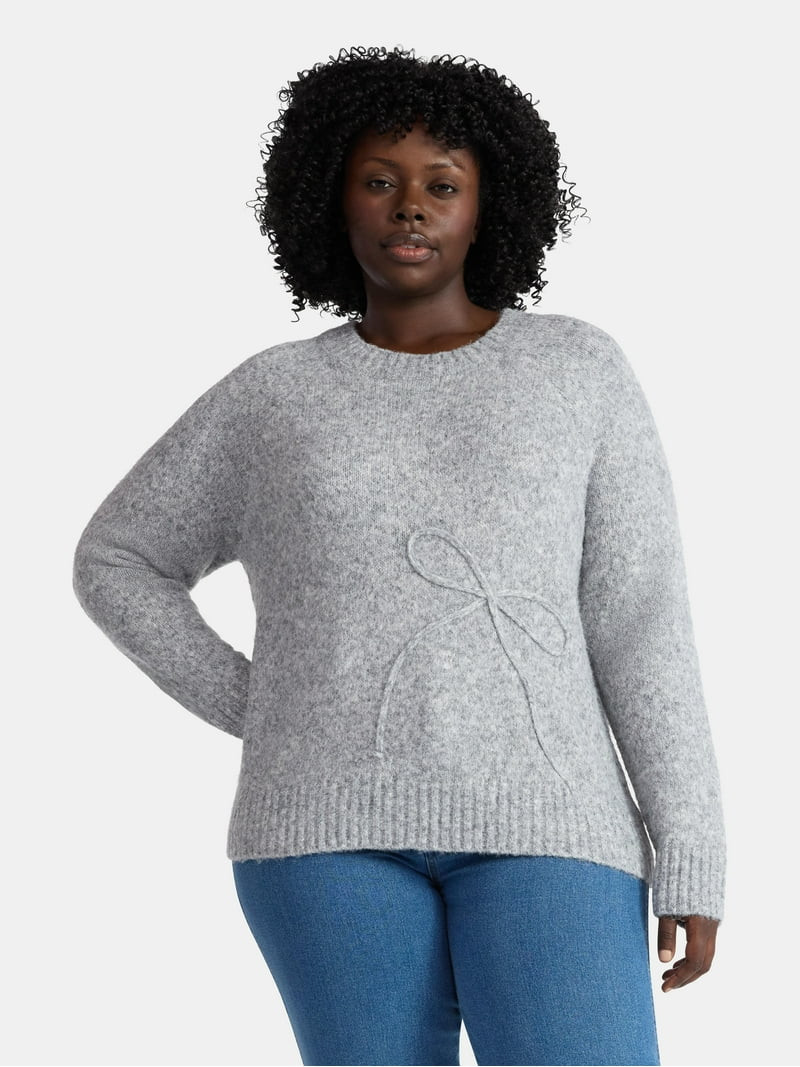 Terra & Sky Women’s Plus Bow Stitch Crewneck Sweater, Lightweight, Sizes 0X-4X | Walmart (US)