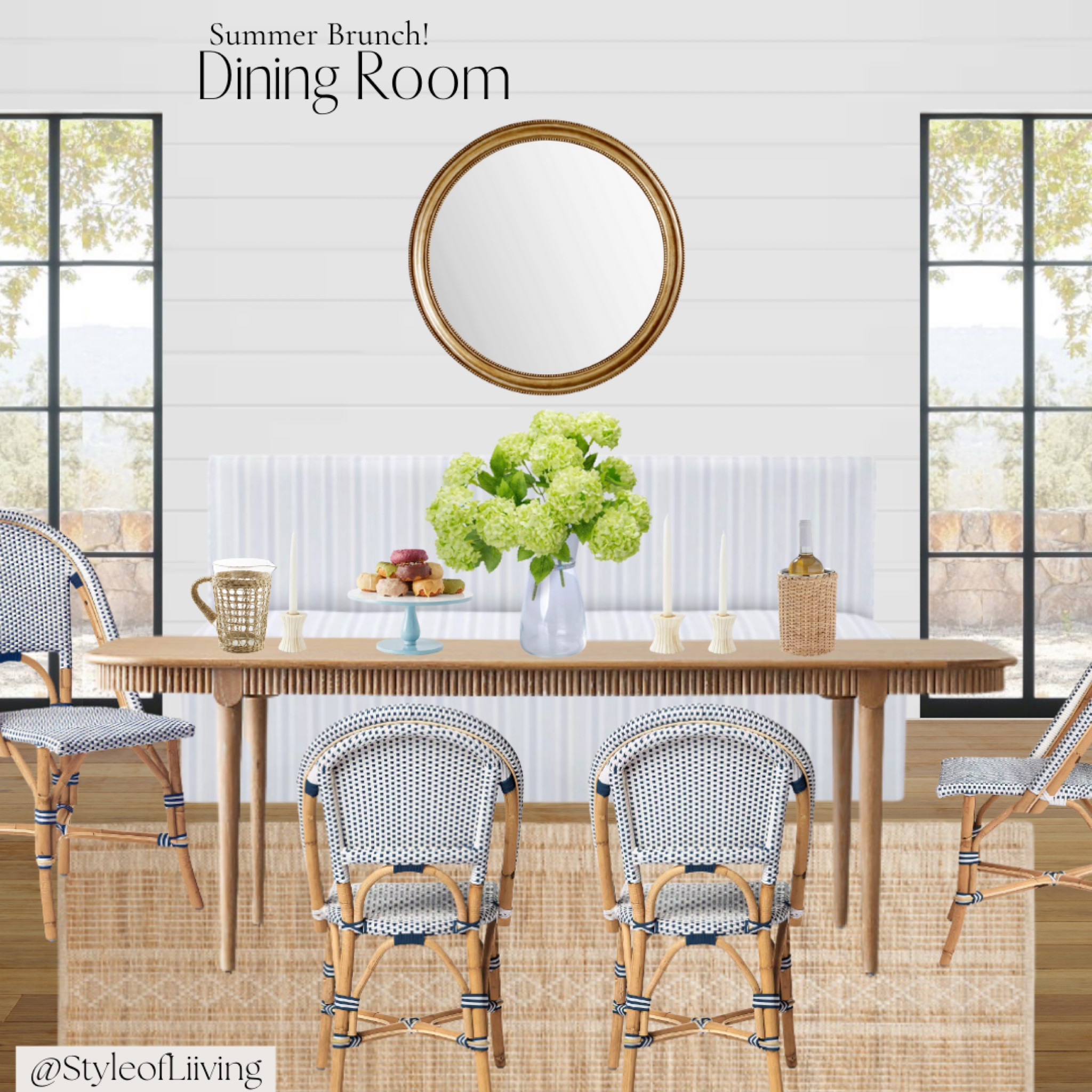 Dining room inspiration! Summer tabletop decor for brunch. Artificial hydrangeas flowers, woven serveware, candle holders, bistro style chairs, dining table, dining banquet bench, round table all mirror, jute rug World Market, Serena and Lily style. #brunch #entertaining #summer #diningroom #diningg room

#LTKFamily #LTKSeasonal #LTKHome