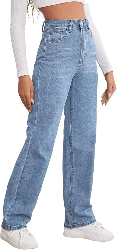WDIRARA Women's High Waisted Button Straight Leg Jeans Denim Pants with Pockets | Amazon (US)