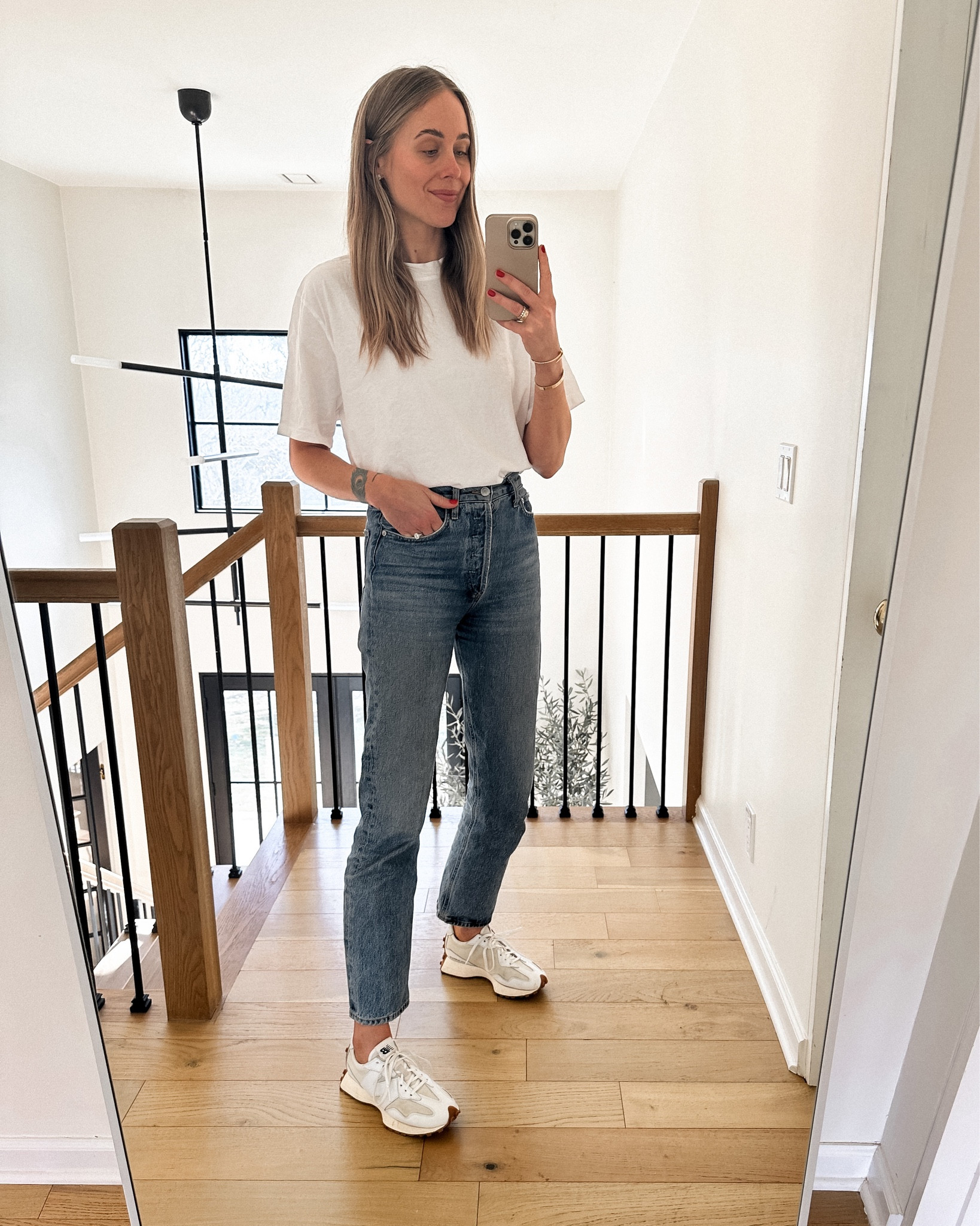 Fashion Jackson wearing short sleeve white tshirt (size 1) AGOLDE jeans (size 25/tts) new balance 327 sneakers #fashionjackson #sneakers #AGOLDE 

#LTKshoecrush #LTKunder100 #LTKstyletip