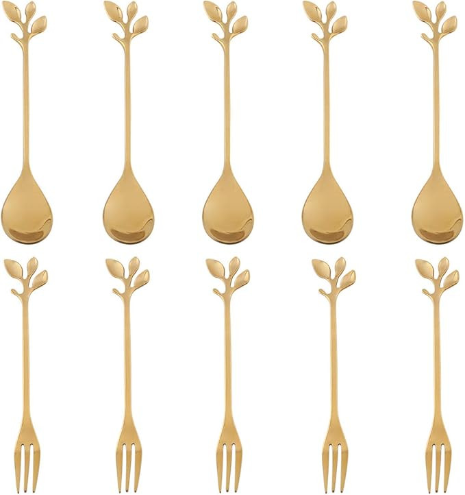 AnSaw 10-Pc Gold Mini Spoons & Forks Set, 4.7" - Stainless Steel, Leaf Handle, Ideal for Coffee,T... | Amazon (US)