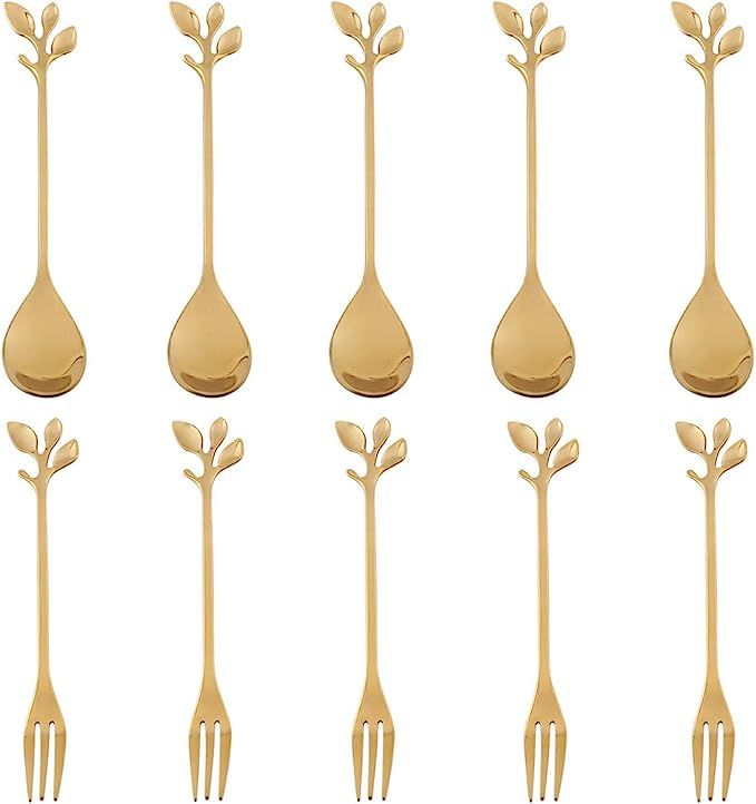 AnSaw 10-Piece Stainless Steel Gold Leaf Coffee Spoon appetizer fork--Creative Tableware Dessert ... | Amazon (US)