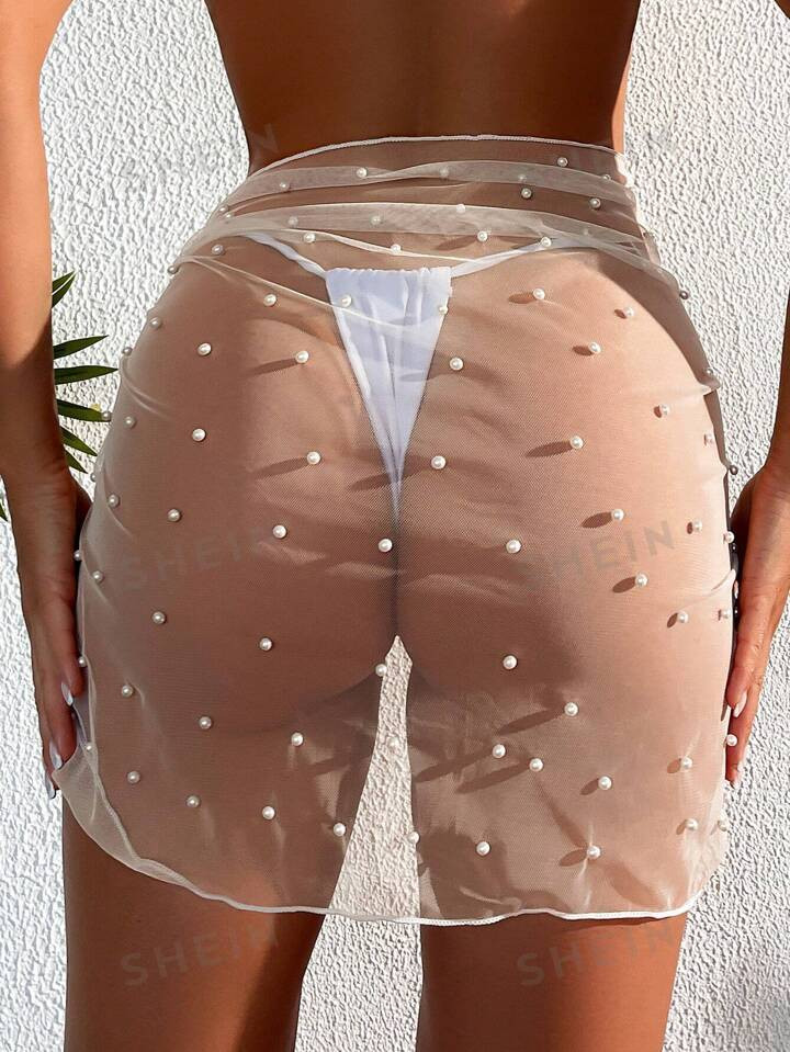SHEIN Swim Vcay Pearls Beaded Knot Side Sheer Mesh Cover Up Skirt | SHEIN