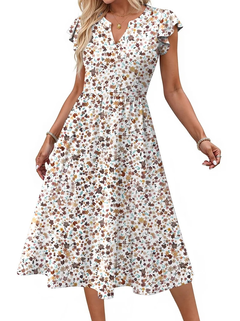 Fantaslook Summer Dresses for Women Ruffle Sleeve V Neck Midi Dresses Fashion Casual Flowy Vacati... | Walmart (US)