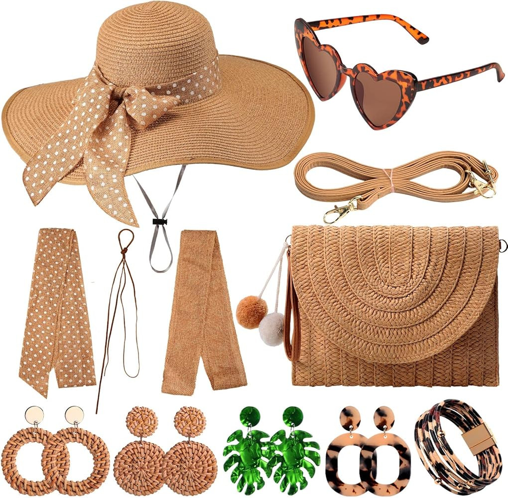 Sintuff 15 Pcs Summer Beach Women Wide Brim Sun Hat Straw Shoulder Bag with Tropical Beach Sungla... | Amazon (US)