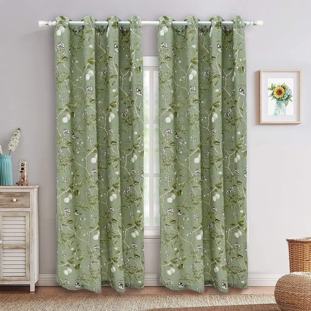KMSG Green Farmhouse Vintage Printed Floral Birds Patterns Extra Wide Curtains for Sliding Glass ... | Amazon (US)