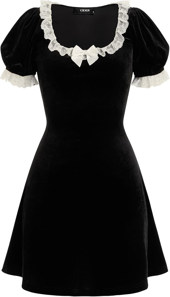 CIDER Velvet Bowknot Mini Dress Solid Square Neck Party Cocktail Dress Short Sleeve Mid Waist | Amazon (US)