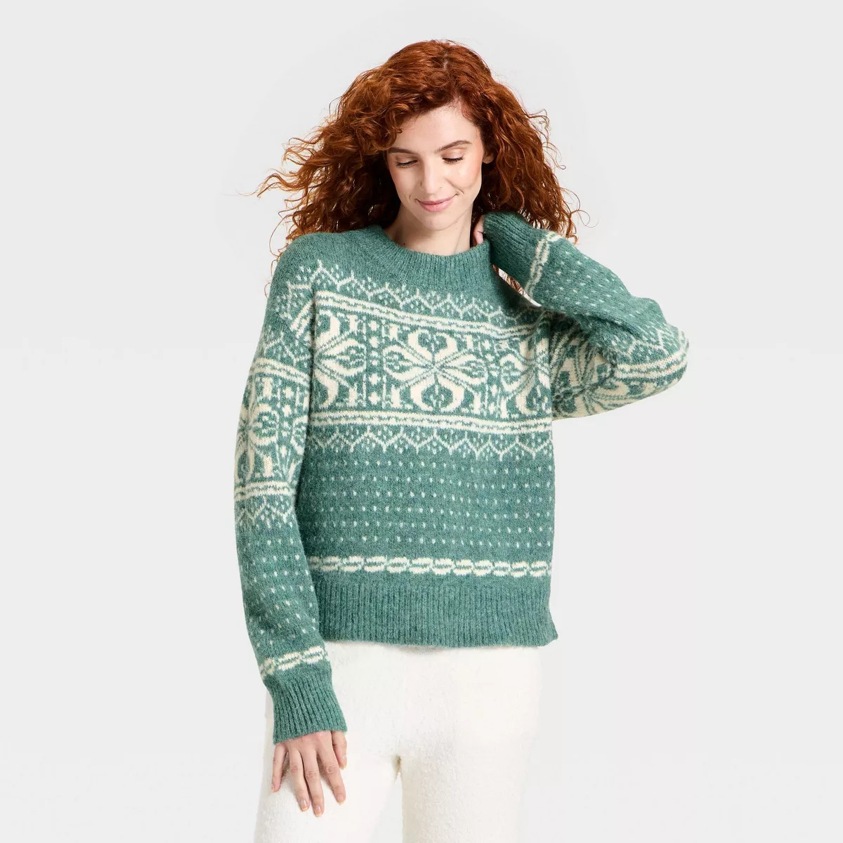 Women's Long Sleeve Cozy Alpine Snowflake Crewneck Pullover Sweater - Universal Thread™ Green | Target