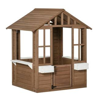 Brown Wood Outdoor Playhouse with Working Door, Windows, Flowers Pot Holder | The Home Depot