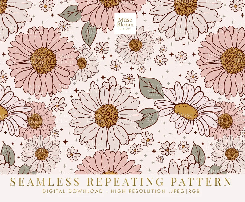 Pink Daisies Romantic Retro Flowers, Floral Seamless Pattern Design, Repeating File, Tiling, Pape... | Etsy (US)