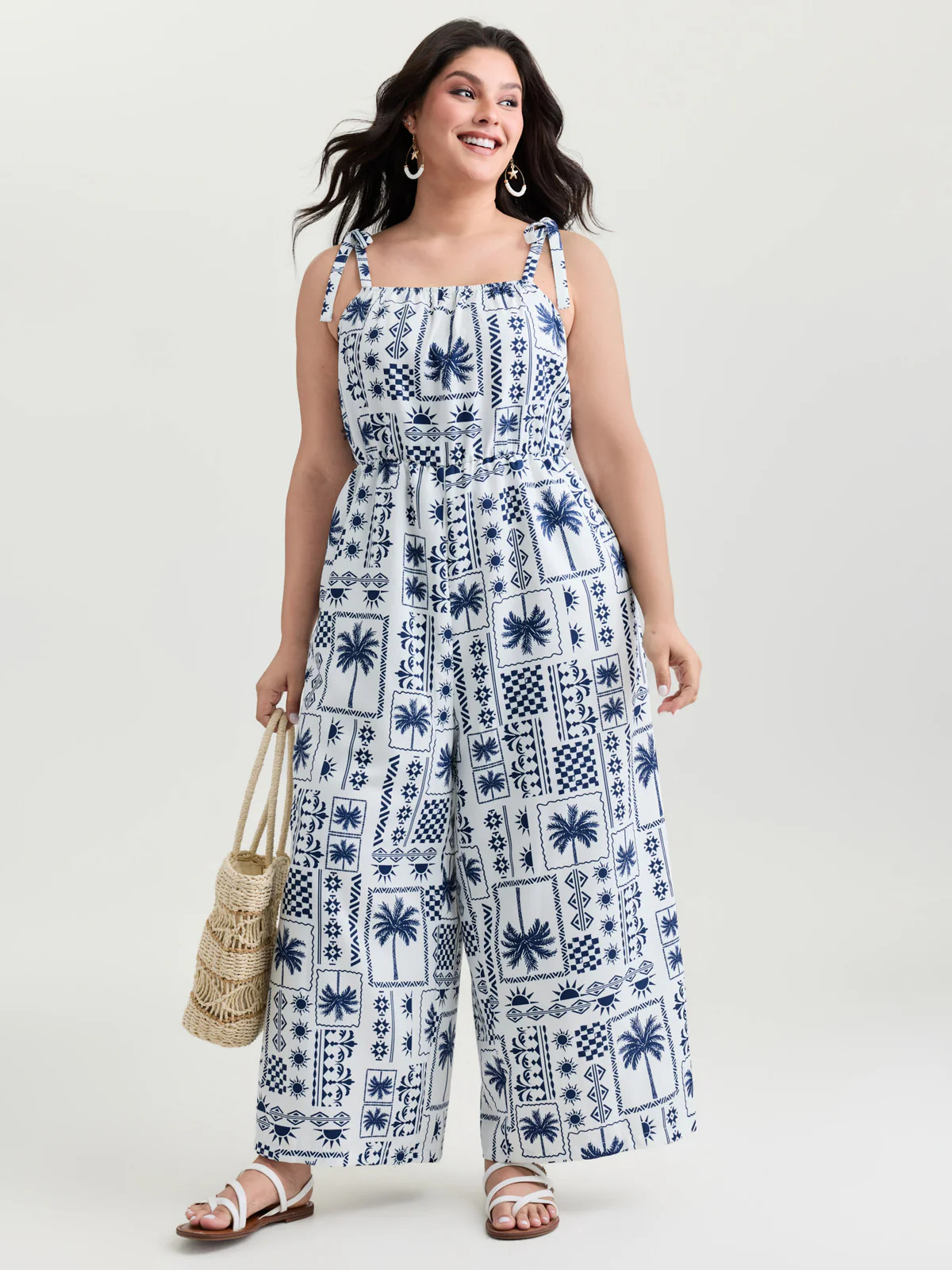Tropical Print Shoulder-Tie Wide-Leg Jumpsuit | Bloomchic