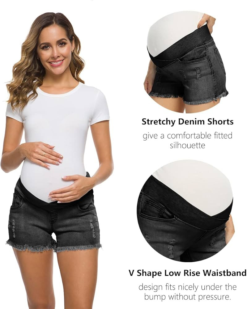 Foucome Women's Maternity Ripped Jean Shorts Summer Distressed Denim Shorts | Amazon (US)