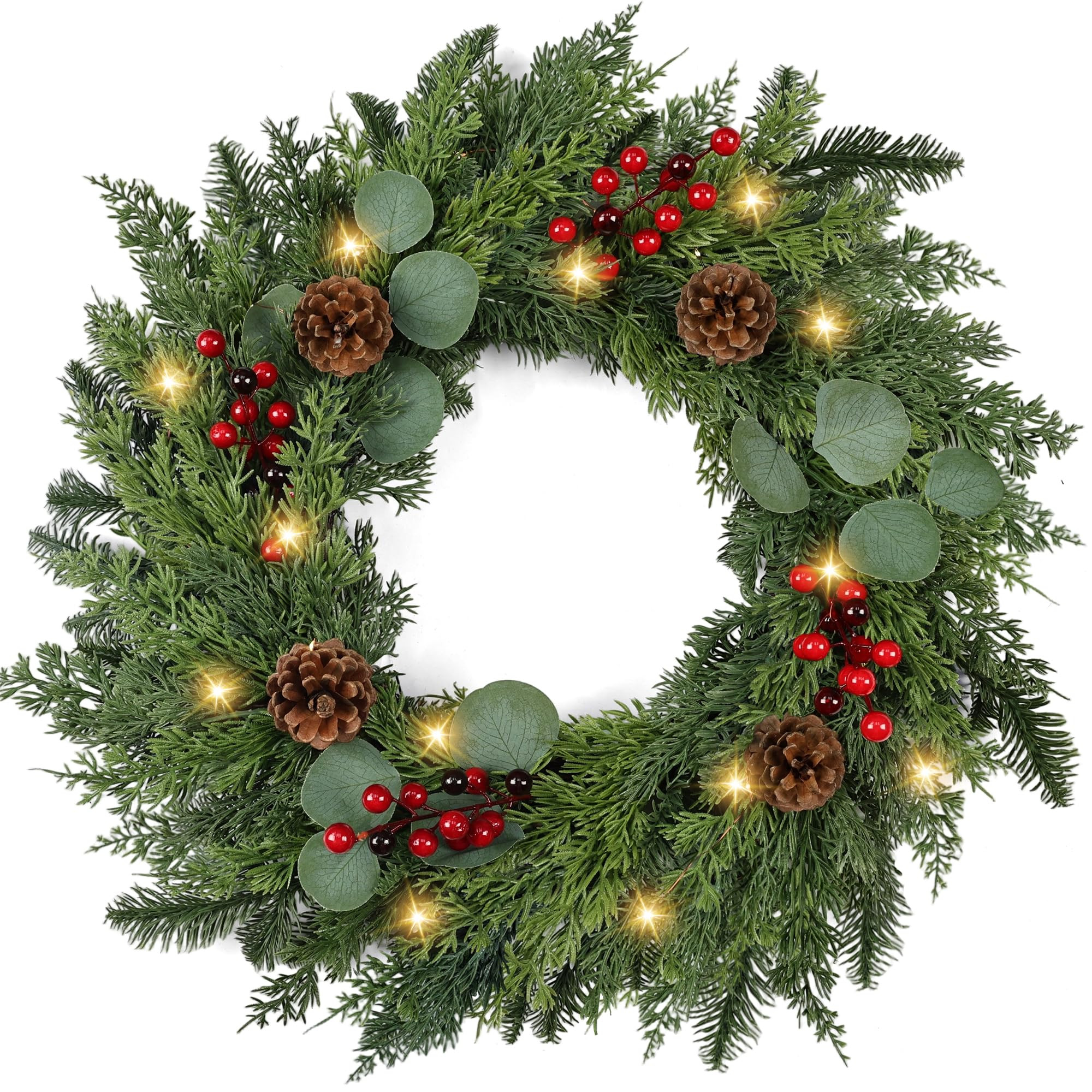 Christmas Wreath with Lights 24 Inch Real Touch Pine Wreath with Red Berries/Pine Cone Prelit Chr... | Amazon (US)