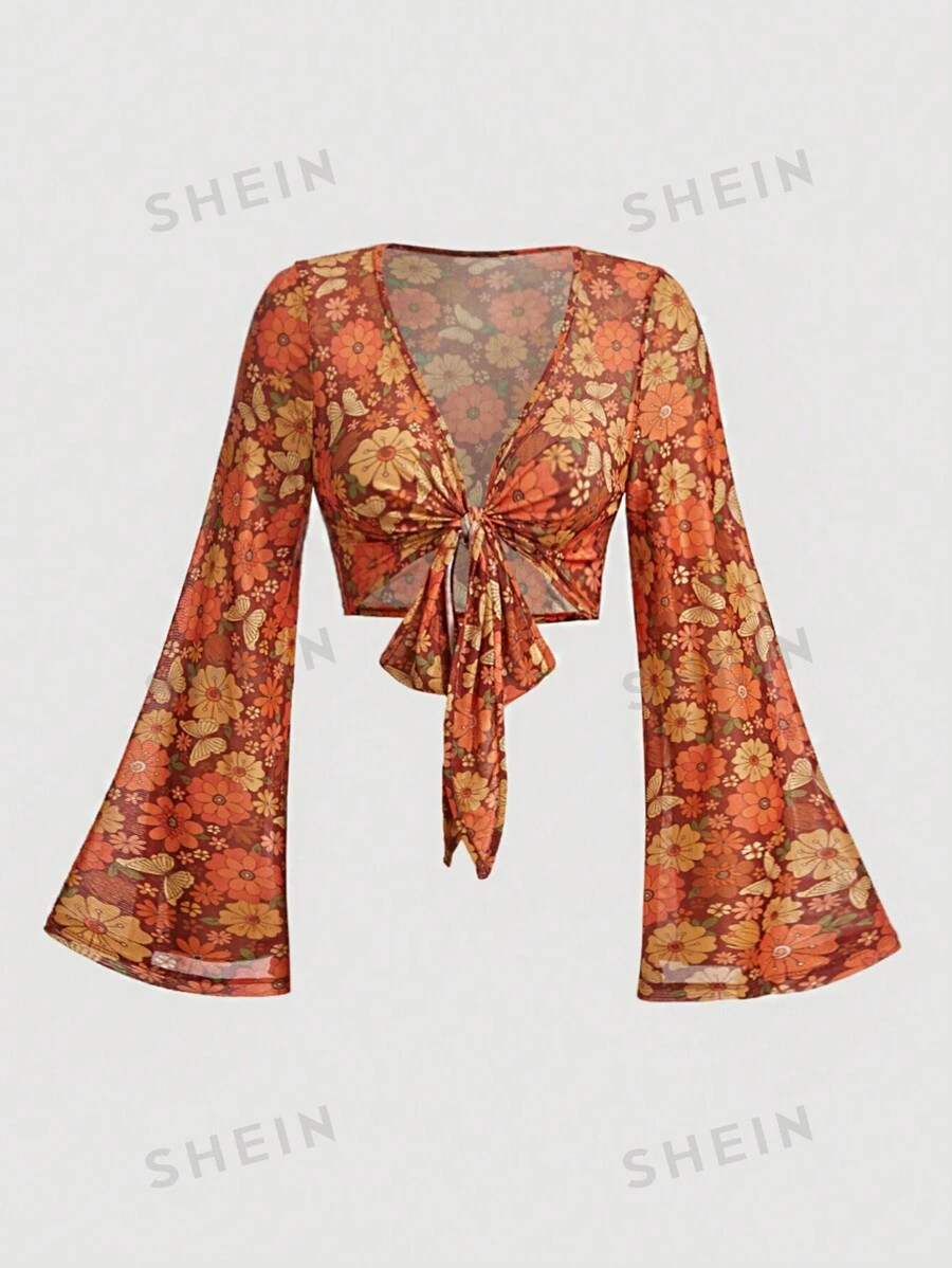 SHEIN MOD Plus Size Women'S Floral Print Bell Sleeve Top | SHEIN