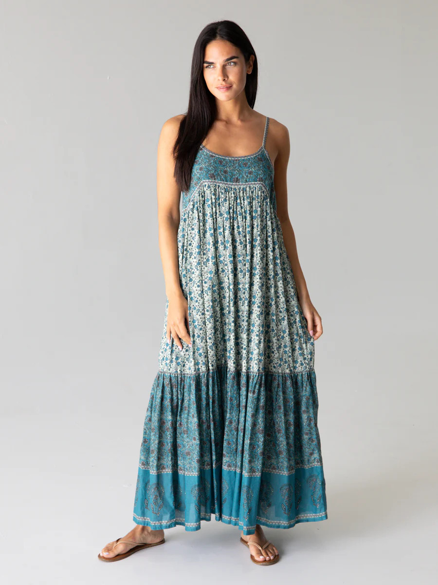 Journey Boho Maxi Dress Teal - Floral Border | Natural Life