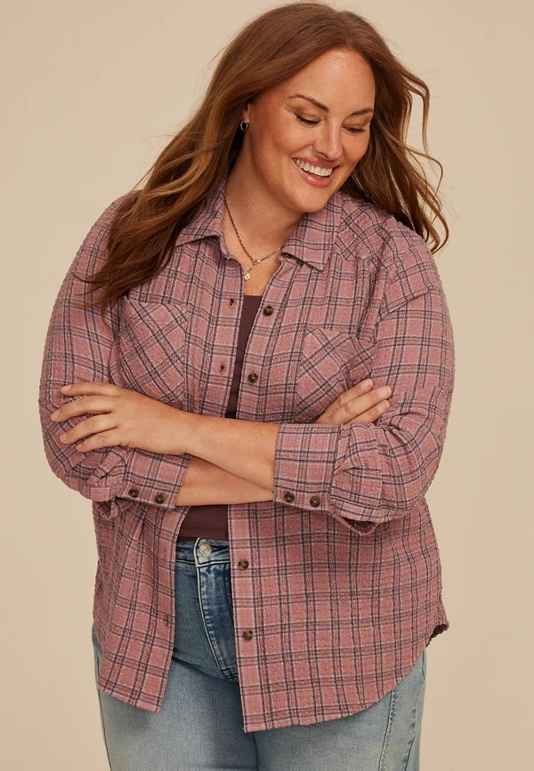 Plus Size Pucker Plaid Button Down Shirt | Maurices