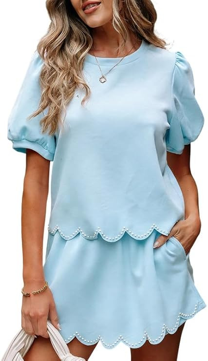 CHARTOU Women Summer Two Pieces Short Sets Puff Short Sleeve Elastic Waist Mini Skorts Matching L... | Amazon (US)