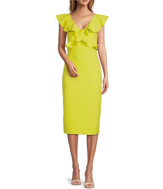 Ainsley Scuba Crepe Ruffle Bodice V-Neck Cap Sleeve Midi Dress | Dillard's