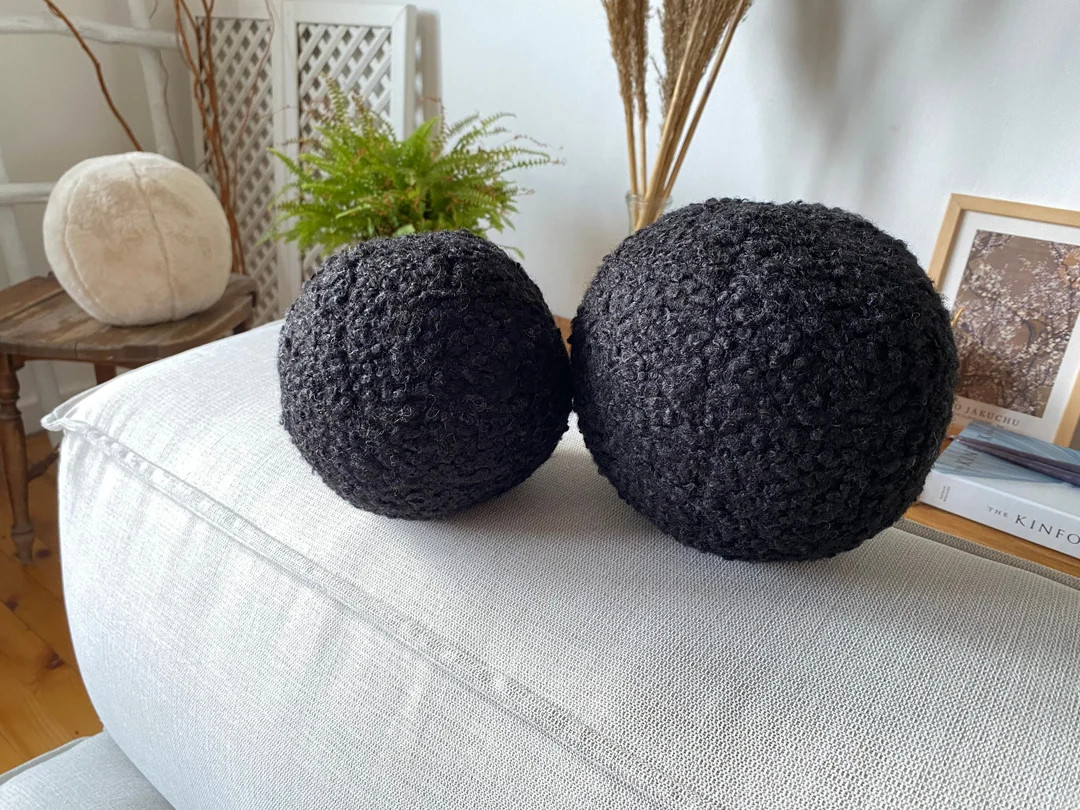Teddy Boucle Ball Pillow - Black Teddy Ball Cushion - Teddy Bear Fabric - Boucle Ball Pillow - Ro... | Etsy (US)