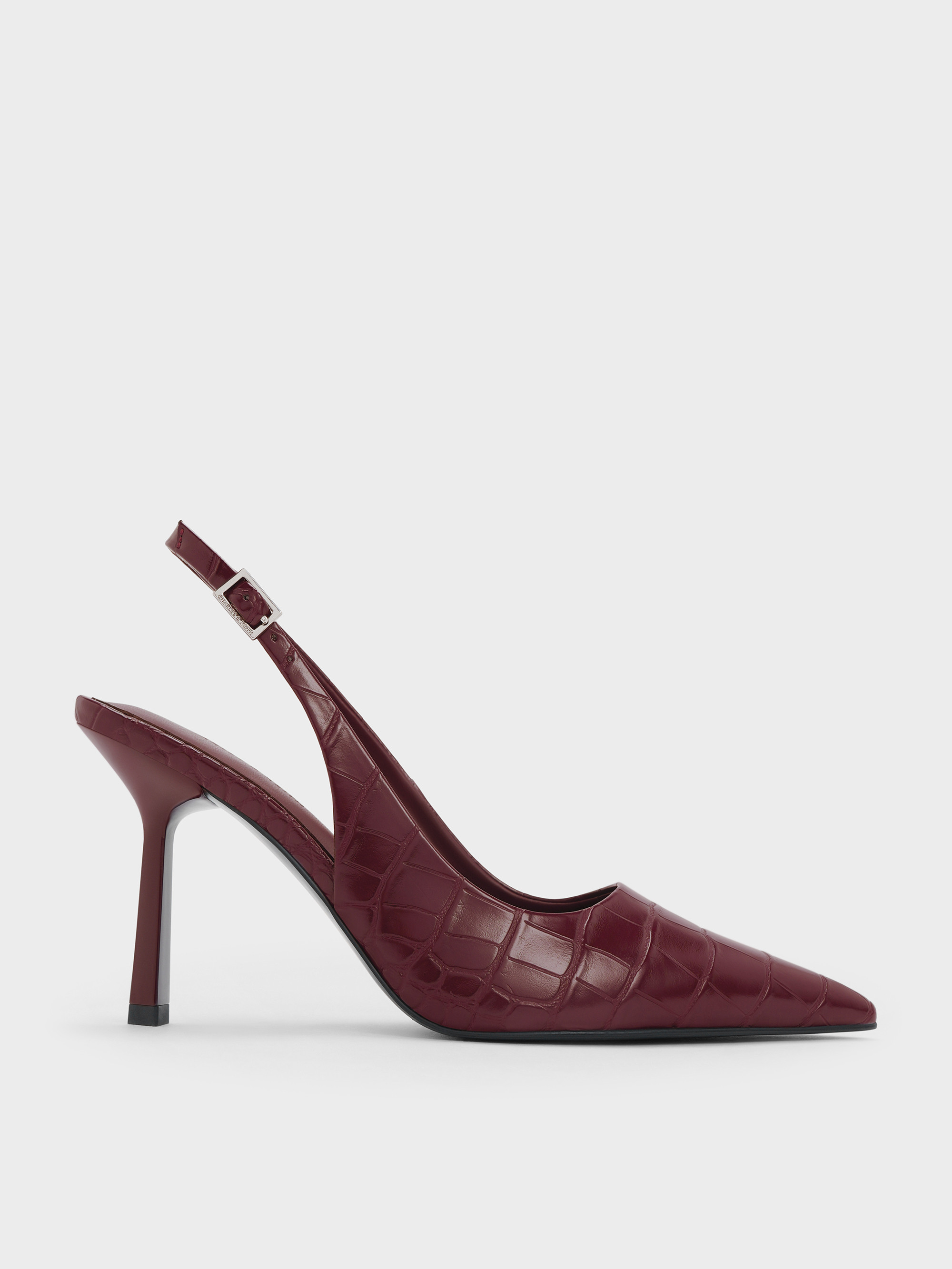 Croc-Effect Pointed-Toe Slingback Pumps
    
         - Animal Print Burgundy | Charles & Keith UK
