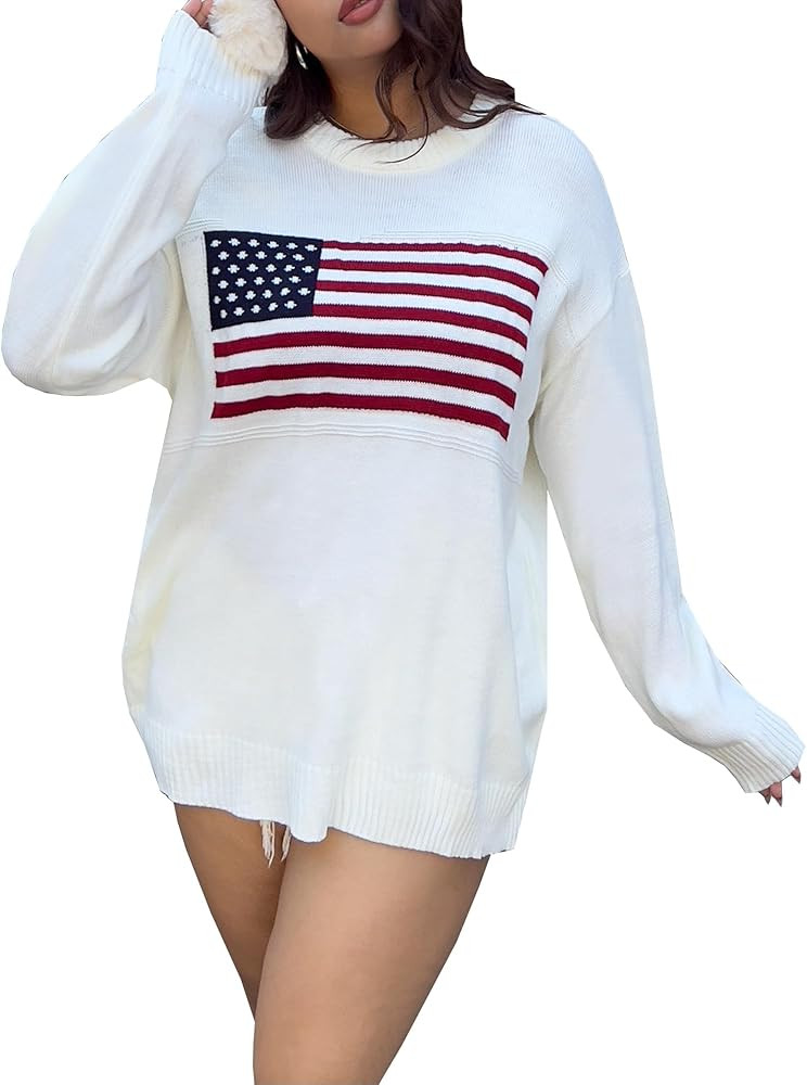 SHENHE Women's Plus Size Crew Neck USA Flag Sweater Star Striped Print Knit Loose Pullover Sweate... | Amazon (US)