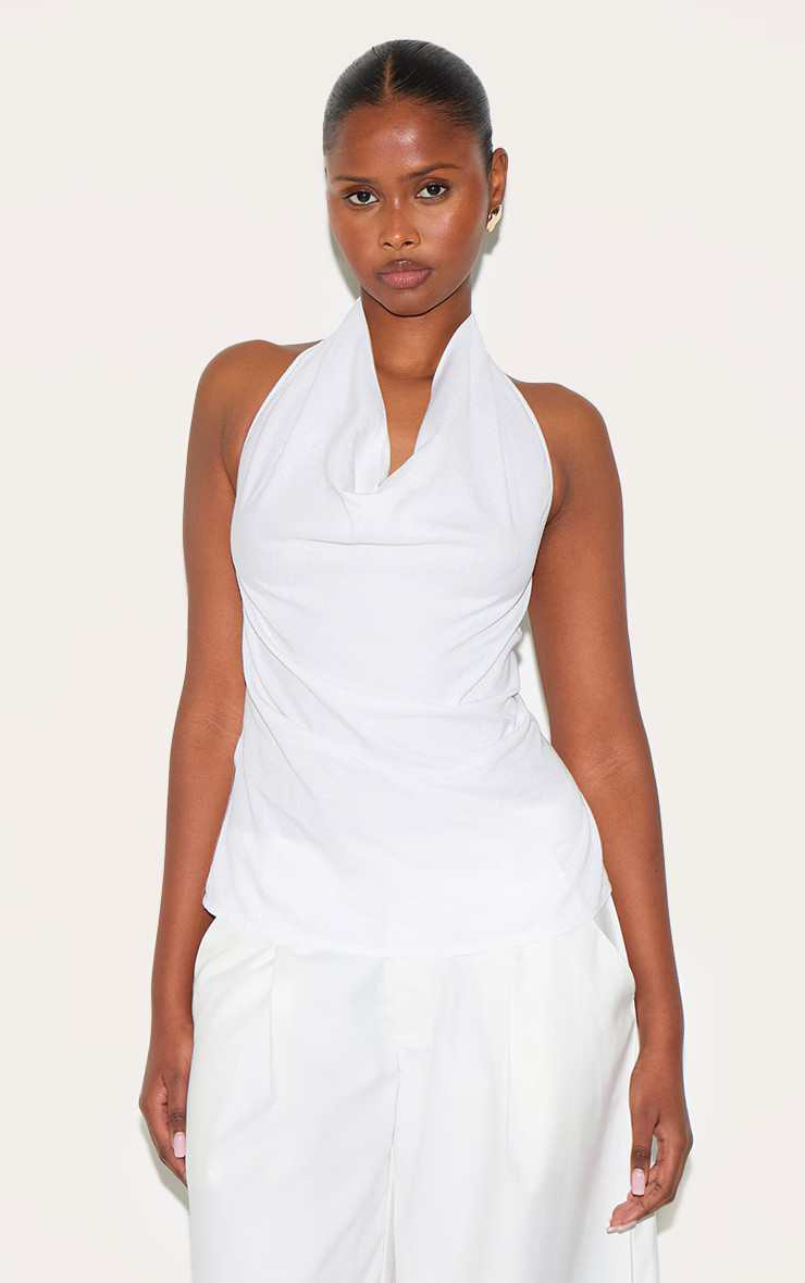 White Linen Blend Cowl Neck Backless Long Top | PrettyLittleThing US