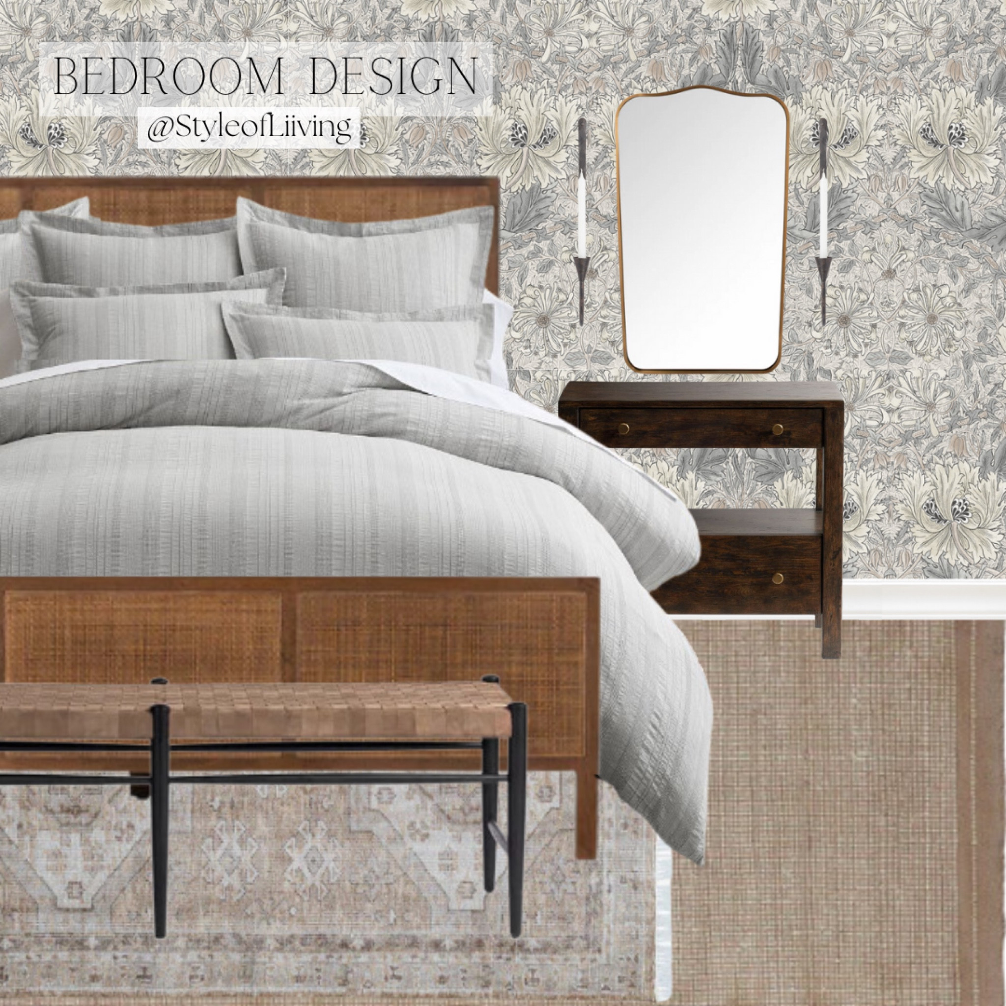 Bedroom design! Wallpaper, brown cane bed frames, end of bed bench, area rugs, comforter, wall mirror, nightstands, antique bronze candle wall sconces. World Market, Pottery Barn, McGee & Co. 

#LTKHome #LTKSeasonal #LTKStyleTip