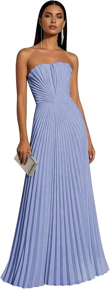 Strapless Pleated Prom Dresses Chiffon A Line Long Formal Wedding Guest Dress for Women 2026 | Amazon (US)