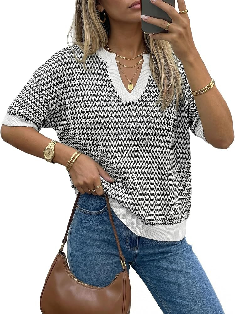 Arach&Cloz Women's 100% Cotton Polo V Neck Striped Short Sleeve Summer Casual Pullover Sweaters 2... | Amazon (US)