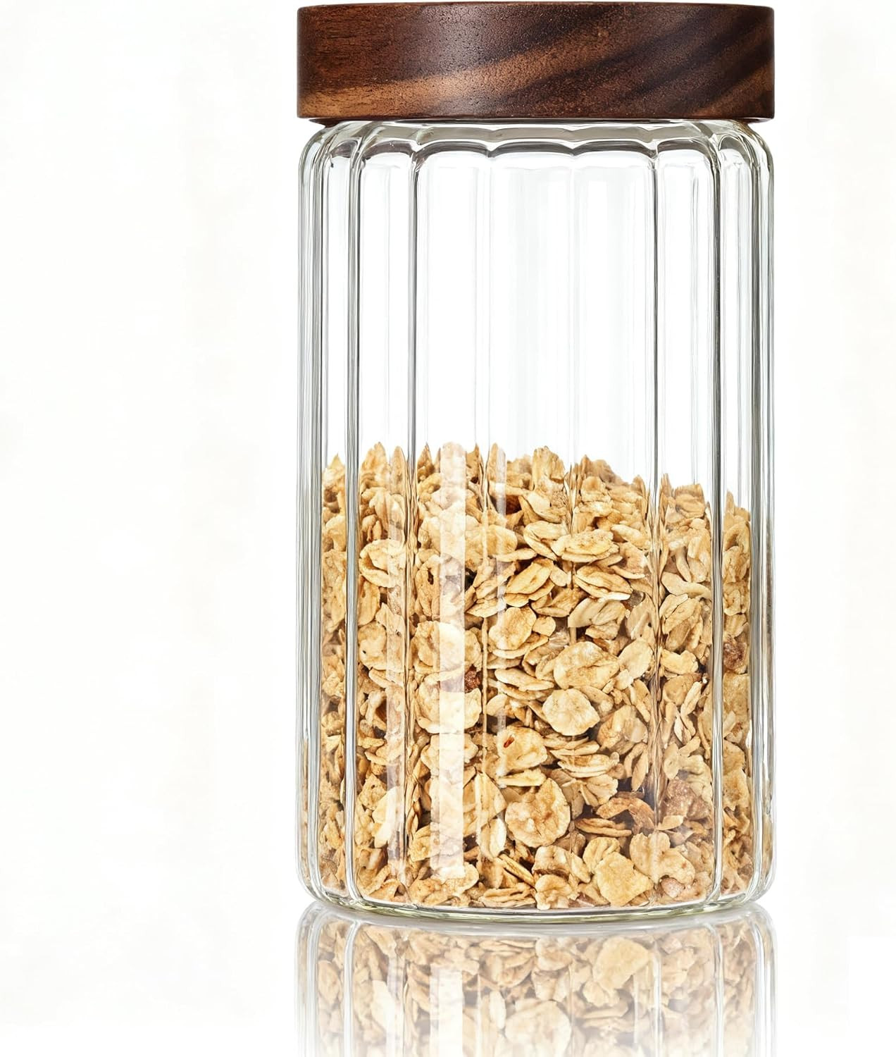 Airtight Borosilicate Glass Storage Jar with Wood Screw Lid, 40 oz | Leak proof wide mouth decorative ribbed canister, kitchen pantry organization, coffee sugar tea candy cereal nuts sourdough | Amazon (US)