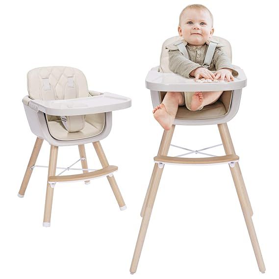 3-in-1 Baby High Chair with Adjustable Legs, Tray -Cream Color Dishwasher Safe, Wooden High Chair... | Amazon (US)