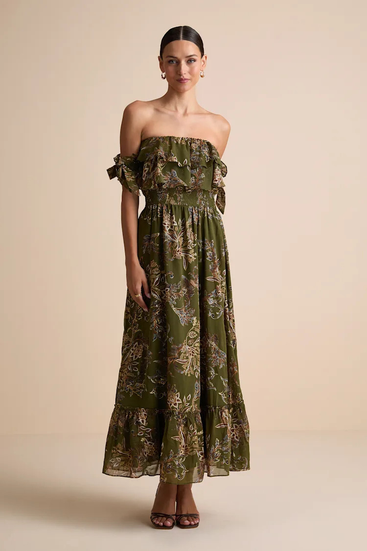 Love and Blooms Olive Green Floral Print Off-the-Shoulder Dress | Lulus