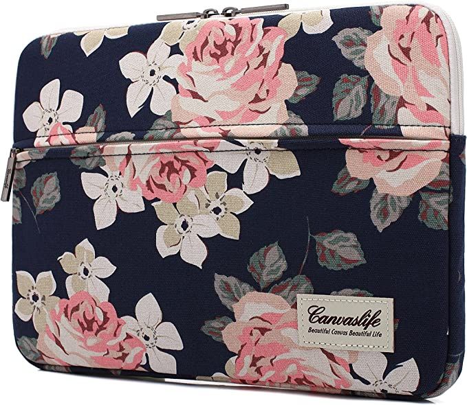 canvaslife White Rose Pattern 13 inch Canvas Laptop Sleeve with Pocket 13 inch 13.3 inch Laptop c... | Amazon (US)