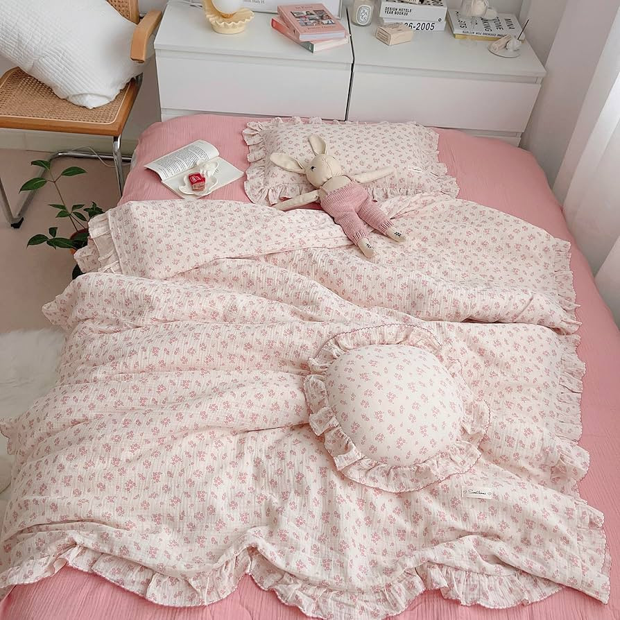 BuLuTu Girls Baby Duvet Cover Pink Flower Duvet Covers Muslin Cotton Toddler Kids Duvet Cover Qui... | Amazon (US)