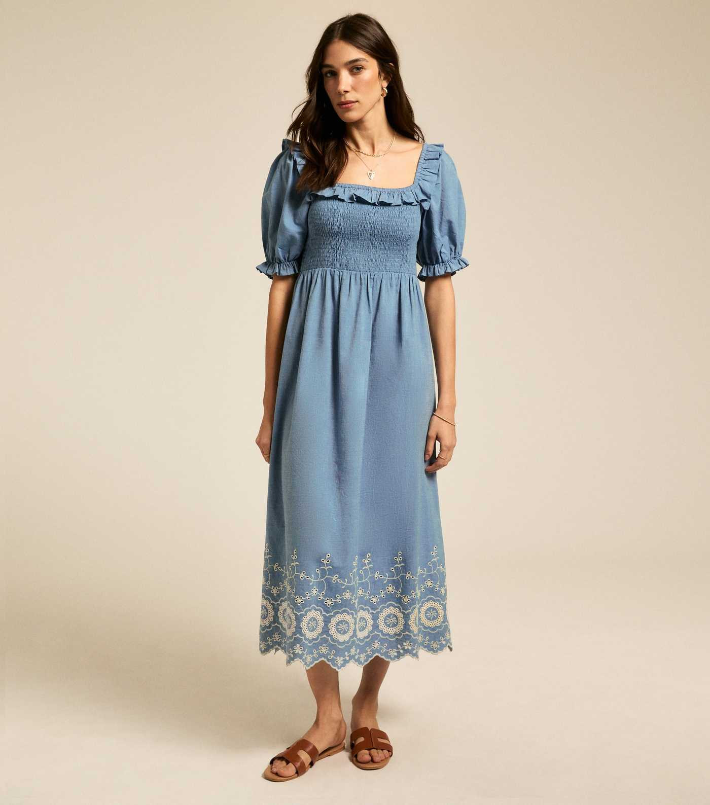Blue Floral Embroidered Frilly Trim Midi Dress | New Look | New Look (UK)