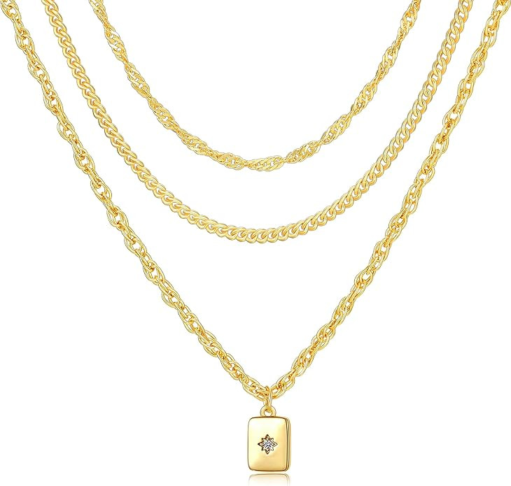 YEEZII Layered Gold Necklaces for Women Trendy, 3 Pcs 14K Gold Plated Choker Paperclip Box Chain ... | Amazon (US)