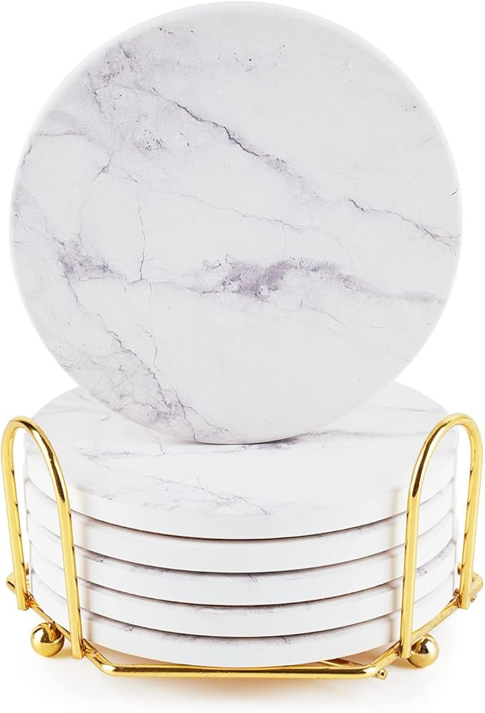 Coasters for Drinks, White and Round Marble Coasters Absorbent with Holder,Wine Beer Bar Coasters... | Amazon (US)