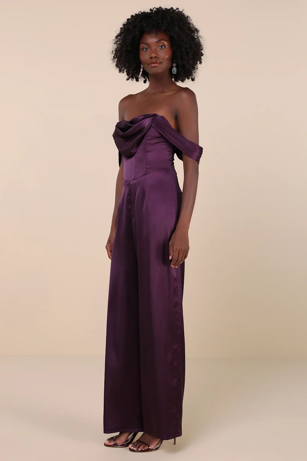 Unbelievable Aura Dark Purple Satin Off-the-Shoulder Jumpsuit | Lulus