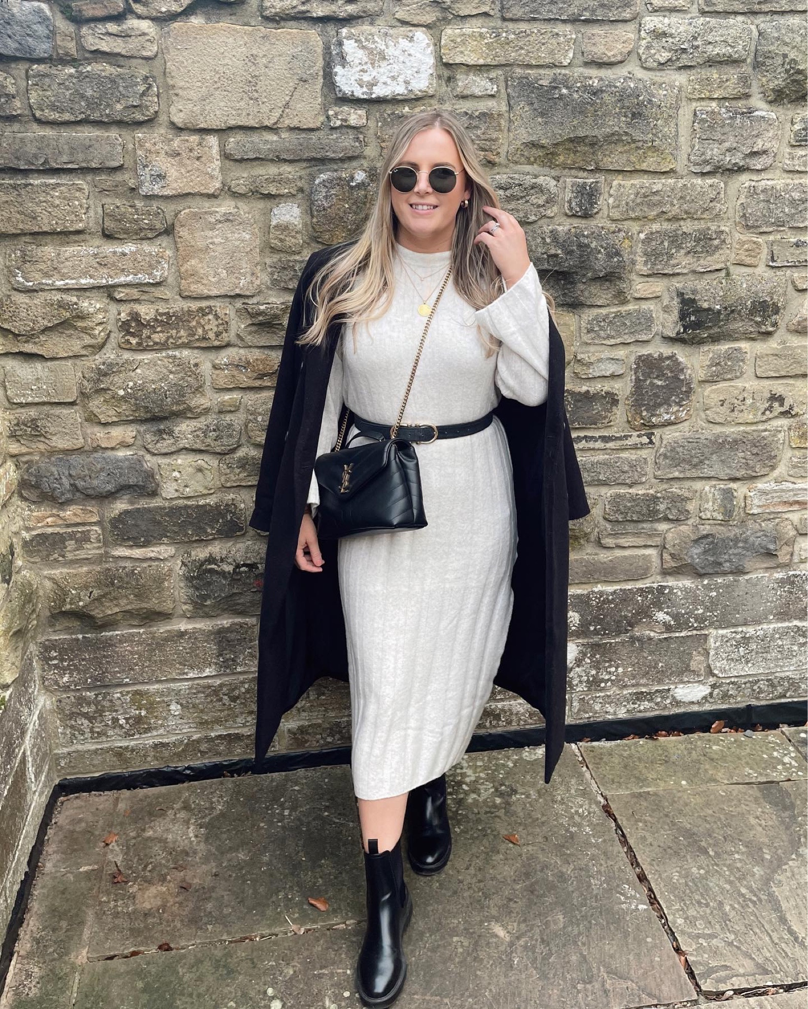 H&M Cream knitted midi dress with black coat and boots! Perfect outfit for day drinks! Neutral minimal style outfit 

#LTKFind #LTKunder50 #LTKfit