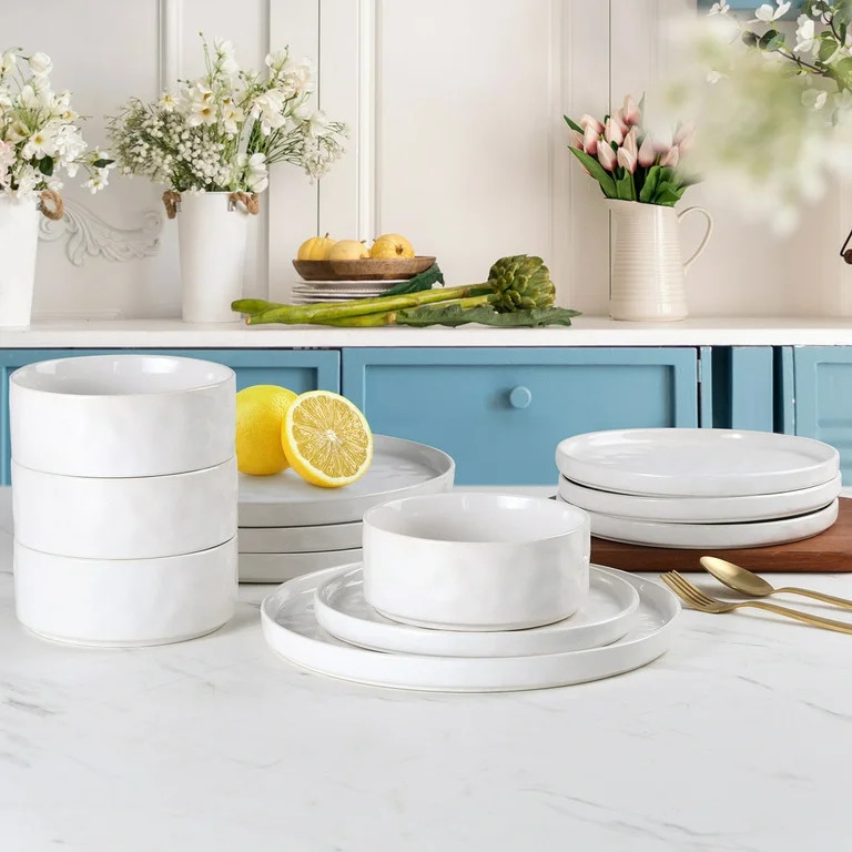 Vesteel Dinnerware Sets, 12-Piece Stoneware Plates and Bowls Set, Dishes Set for 4, Elegant Ceram... | Walmart (US)