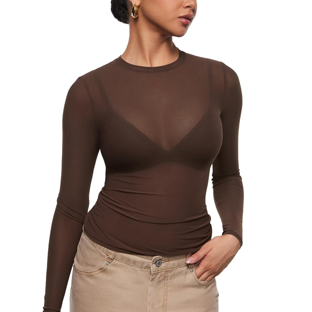 INLYRIC Women's Cosnufy Mesh Sheer Long Sleeve Tops See Through Crew Neck Going Out Tops Trendy S... | Amazon (US)