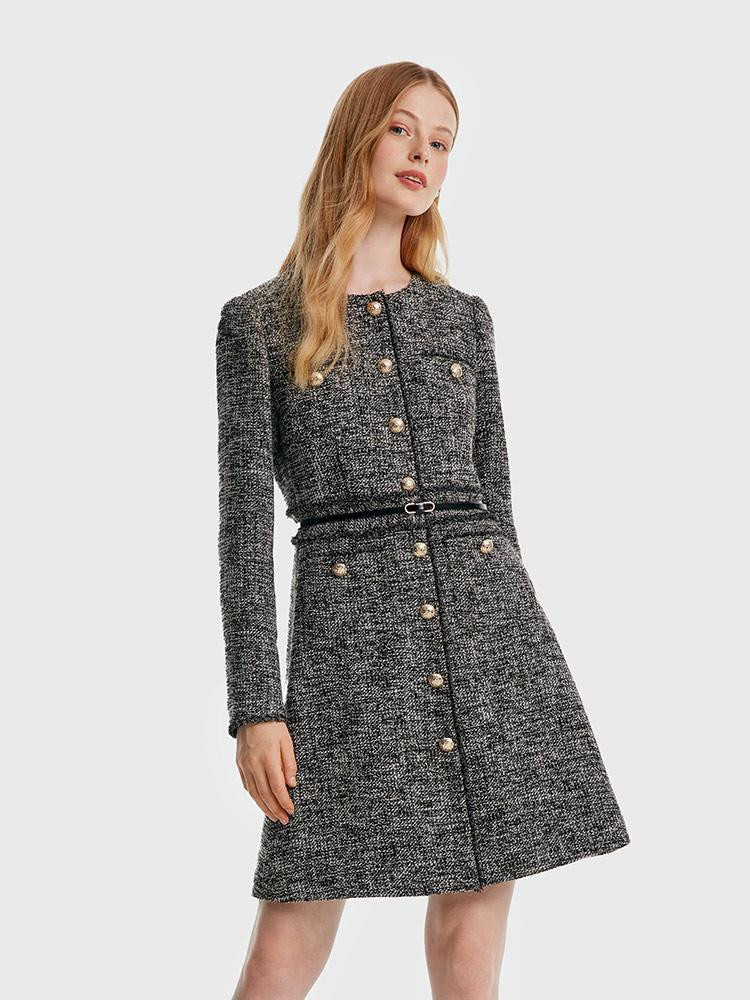 Round Neck Tweed Dress With Belt | GOELIA
