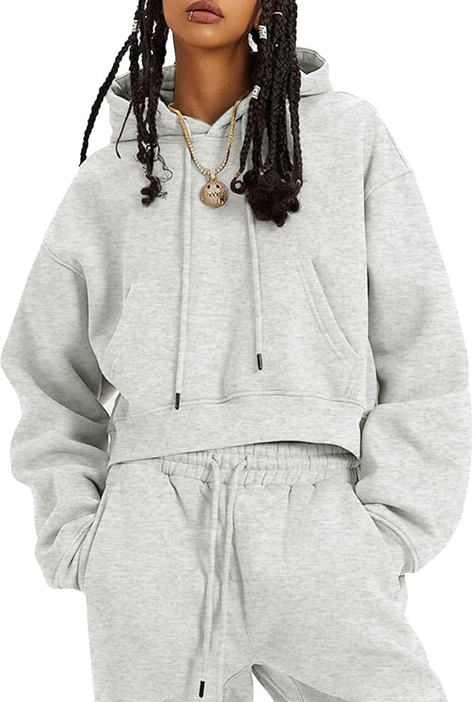 COZYPOIN Womens Fleece 2 Piece Outfits Sweatsuit Crop Top and Pants Hoodie Tracksuit Set | Amazon (US)