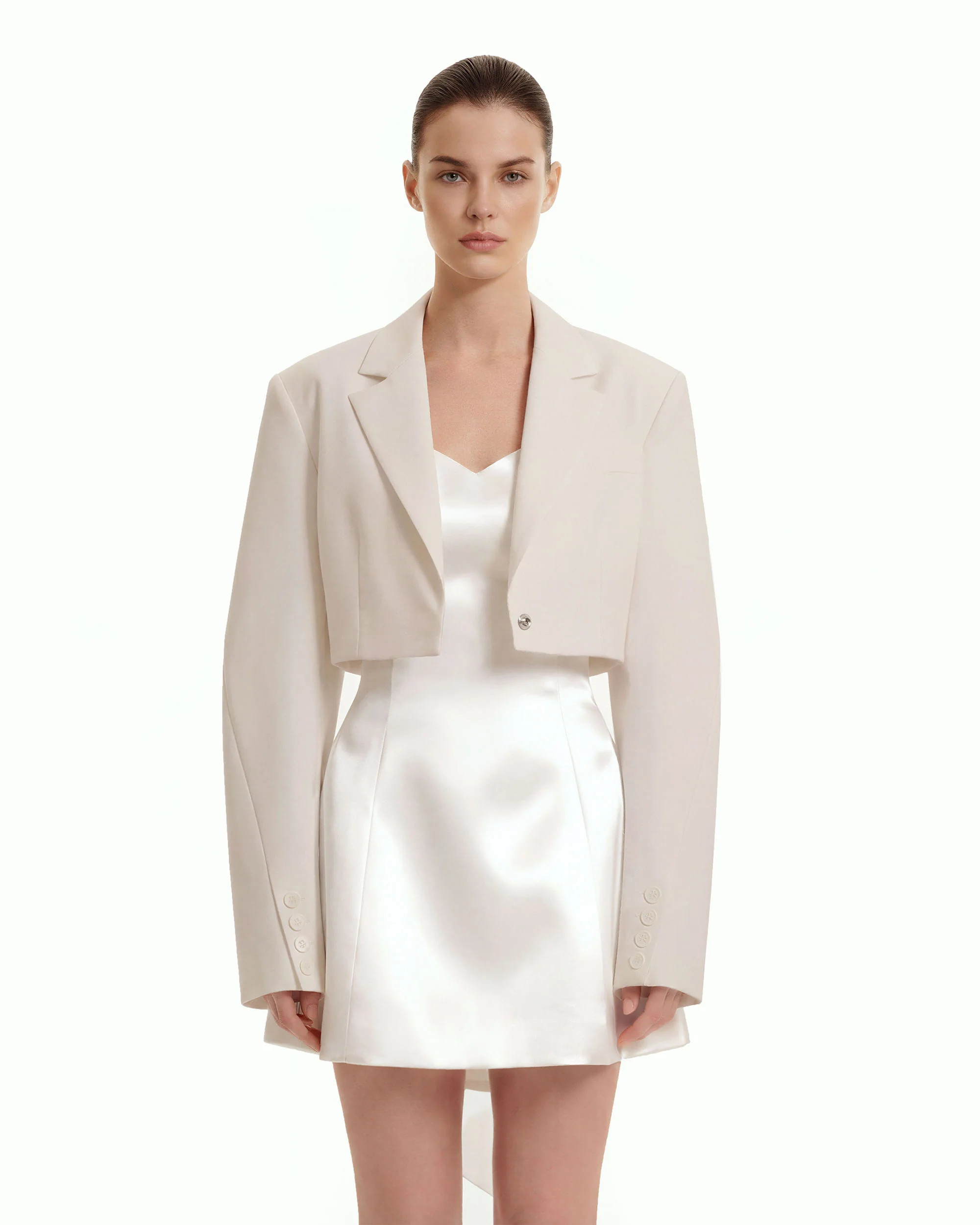Structured Power-Shoulder Cropped Blazer - Beige | JW PEI US