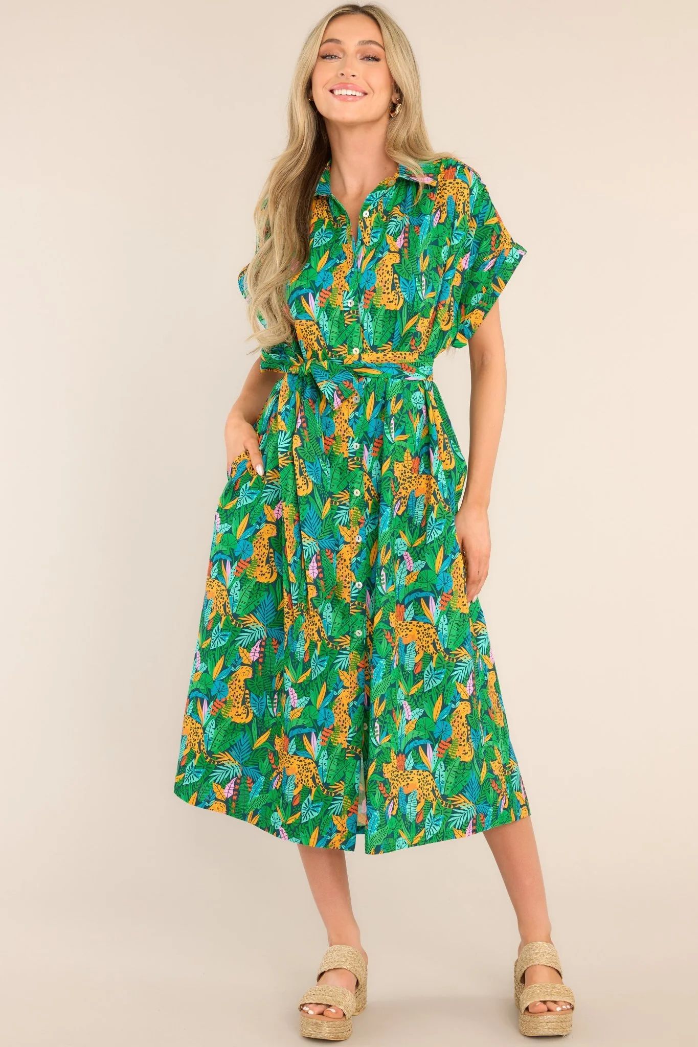 Out Of The Woods Green Print Midi Dress | Red Dress