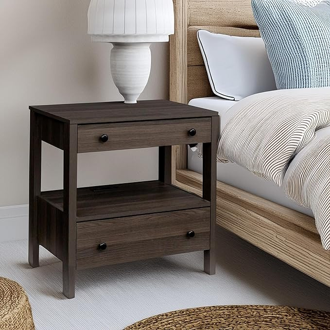 MINCETA Nightstand with Charging Station, Modern 2 Drawer Wooden Bedroom Storage End Table with O... | Amazon (US)