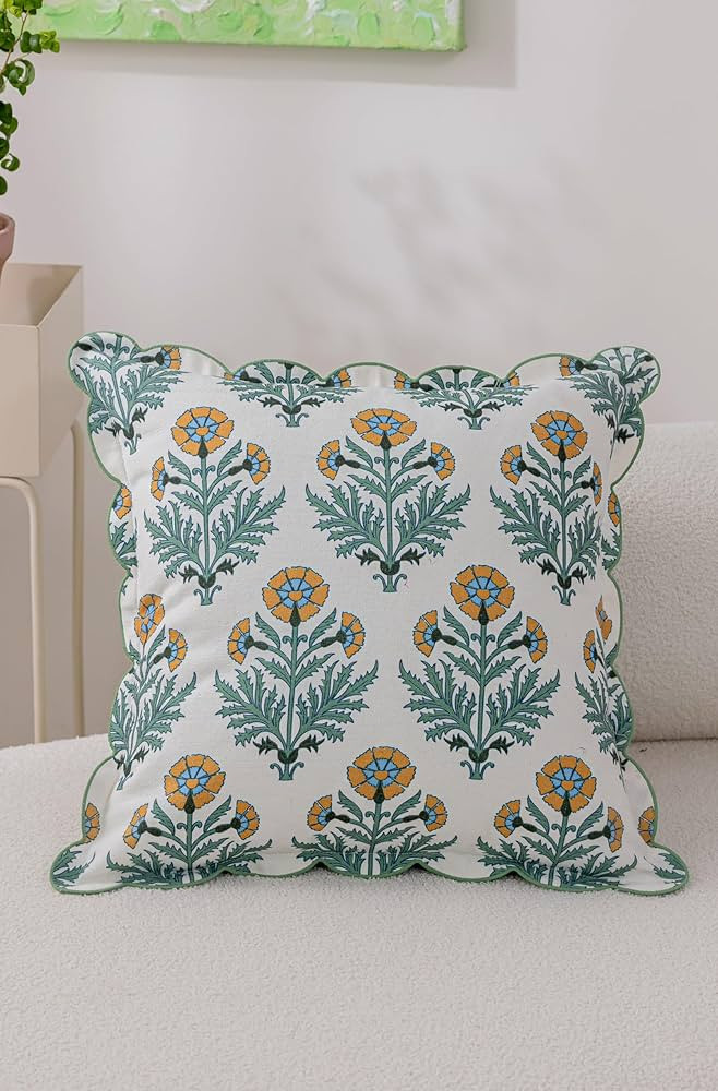 Scalloped Throw Pillow Covers with Block Print Floral Patterns and Hidden Zipper - Olive, 20 x 20... | Amazon (US)
