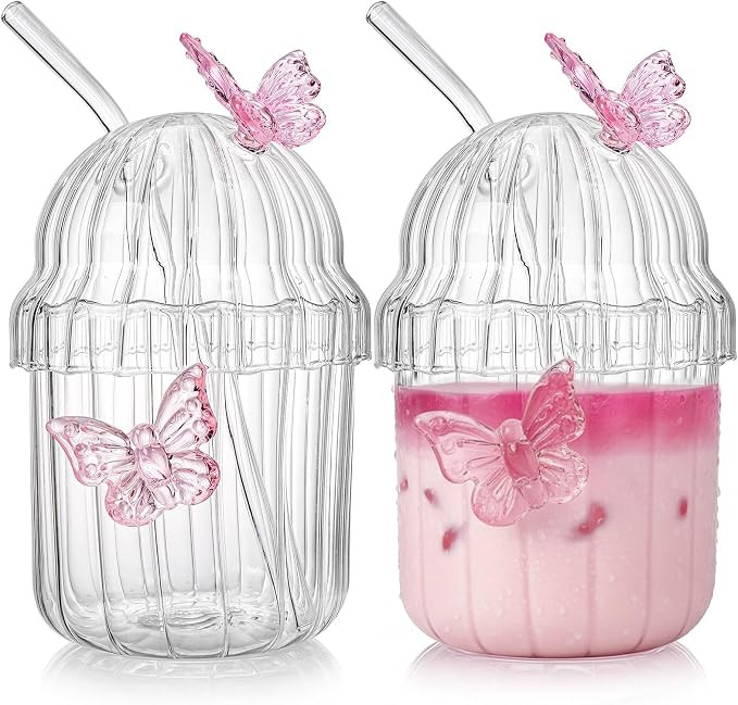 Foraineam Glass Cups with Dome Lid and Straw, 2 Pcs 14 oz Glass Tumbler Tea Cup, Iced Coffee Glas... | Amazon (US)