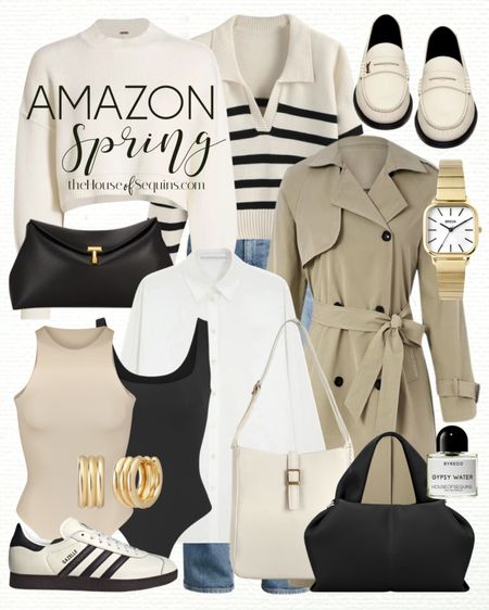 Shop these Amazon spring outfit finds! Trench coat, skims bodysuit look for less, striped sweater, cropped sweater, Saint Laurent loafers, Adidas gazelle sneakers, Toteme T Lock clutch, designer Inspired bags and more! 

Follow my shop @thehouseofsequins on the @shop.LTK app to shop this post and get my exclusive app-only content!

#liketkit 
@shop.ltk
https://liketk.it/4yTLr

#LTKstyletip #LTKitbag #LTKshoecrush