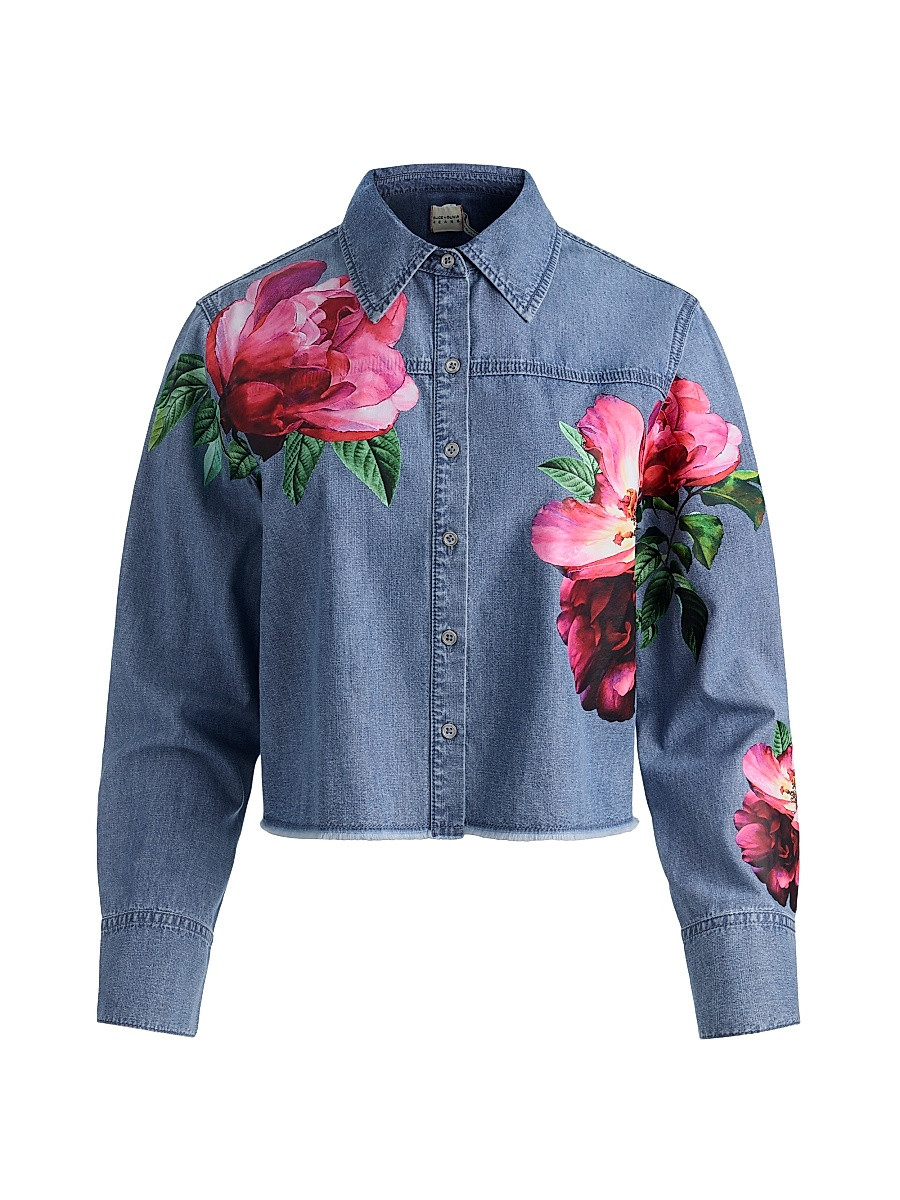 Women's Finely Floral Denim Oversized Crop Jacket - Denver Bright Blue - Size Small | Saks Fifth Avenue